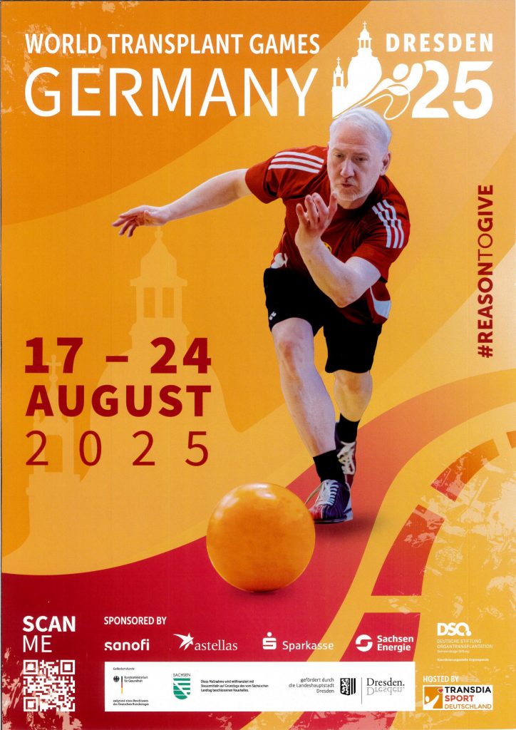 Oranger Hintergrund mit Silhouette von Dresden, im Vordergrund ein Bowlingspieler